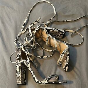 Snakeskin Lace-Up Block Heel Sandals